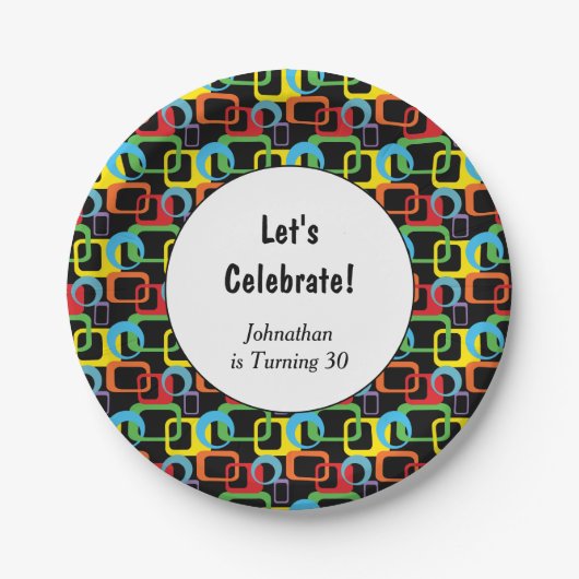 幾何学的レトロ数々の色パターン誕生日 ペーパープレート (正面)