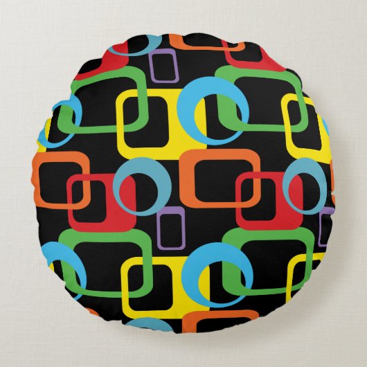 幾何学的レトロ数々の色パターン ラウンドクッション (正面)