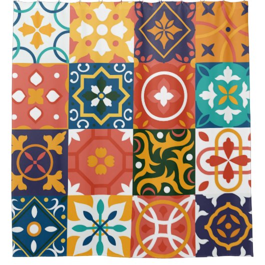 幾何学的ヴィンテージタイル華美パターン シャワーカーテン (正面)