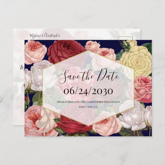 幾何学的ヴィンテージフローラ結婚日の保存 ポストカード (正面/裏面)