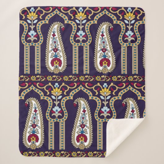 幾何学的伝統的ペイズリーパター縁どン シェルパブランケット (正面)