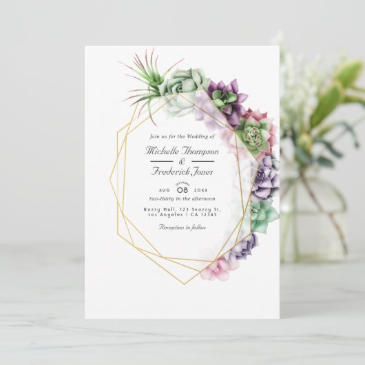 幾何学的多肉株ハーバリウム庭園の結婚式インビ 招待状 (スタンド正面)