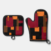 幾何学的抽象化赤オレンジブラウン黒 鍋つかみ&鍋敷きセット (正面)