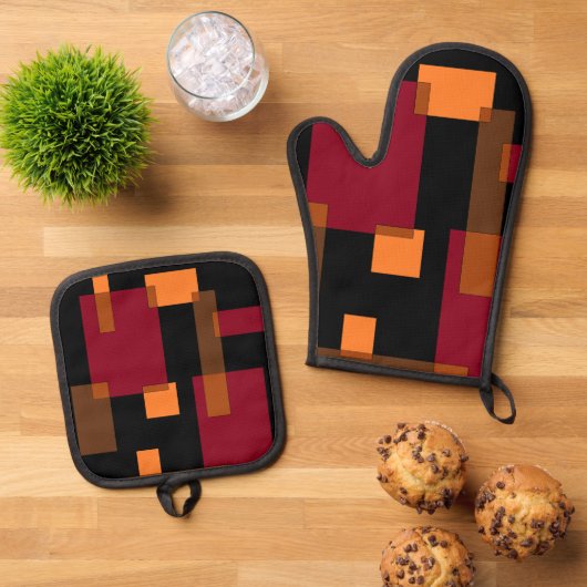 幾何学的抽象化赤オレンジブラウン黒 鍋つかみ&鍋敷きセット (トップダウン)