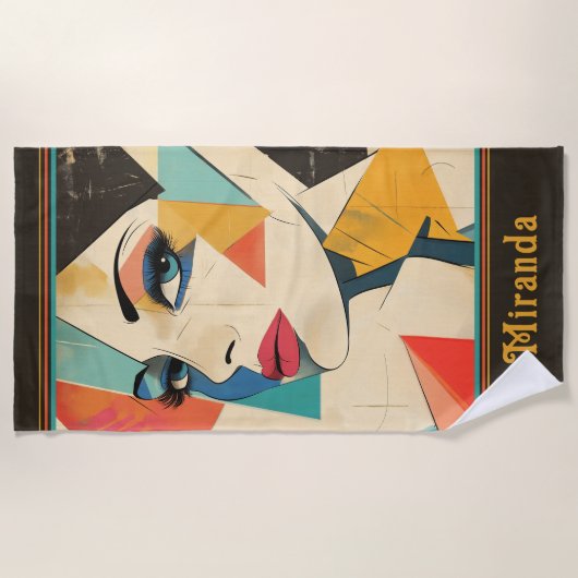 幾何学的抽象芸術アクアアイズ女性 ビーチタオル (正面)