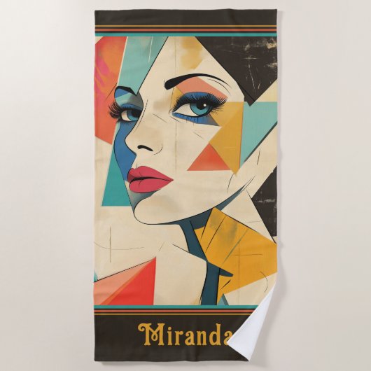 幾何学的抽象芸術アクアアイズ女性 ビーチタオル (正面)