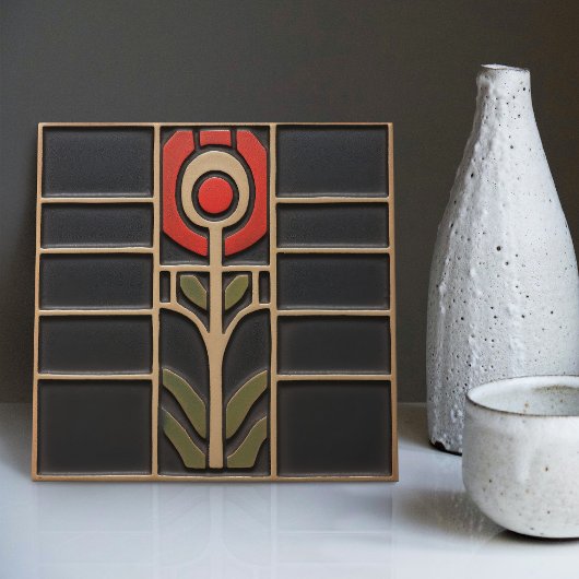 幾何学的抽象芸術オレンジフラワーミッドセンチュリー タイル