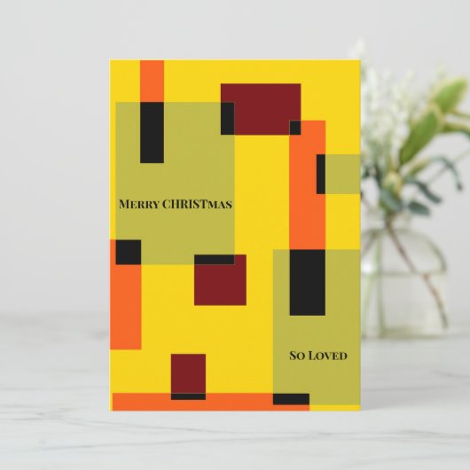 幾何学的抽象芸術グリーンオレンジイエロークリスマス シーズンカード (スタンド正面)