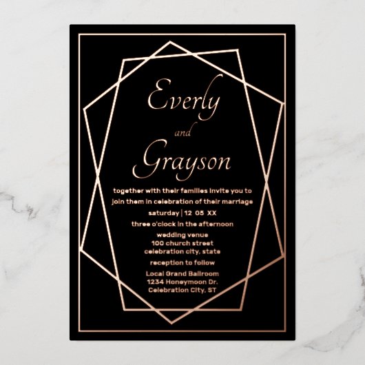 幾何学的抽象芸術フレームバラ結婚金ゴールドのFo 箔招待状 (正面)