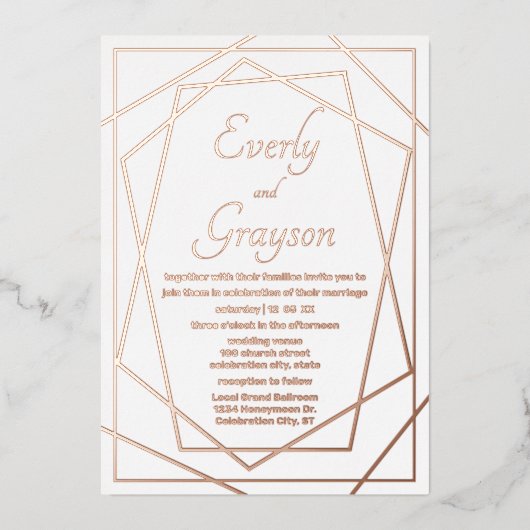 幾何学的抽象芸術フレームバラ結婚金ゴールドのFo 箔招待状 (正面)