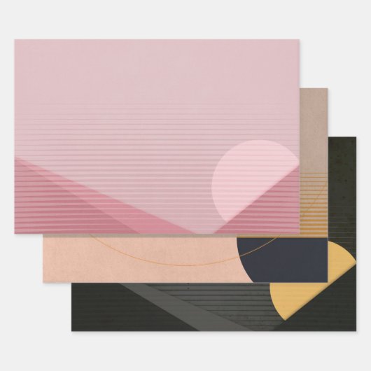 幾何学的抽象芸術ムーンピモダンラミッドシック3点 ラッピングペーパーシート (セット)