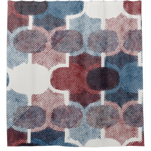 幾何学的抽象芸術赤い青のパターン シャワーカーテン (正面)