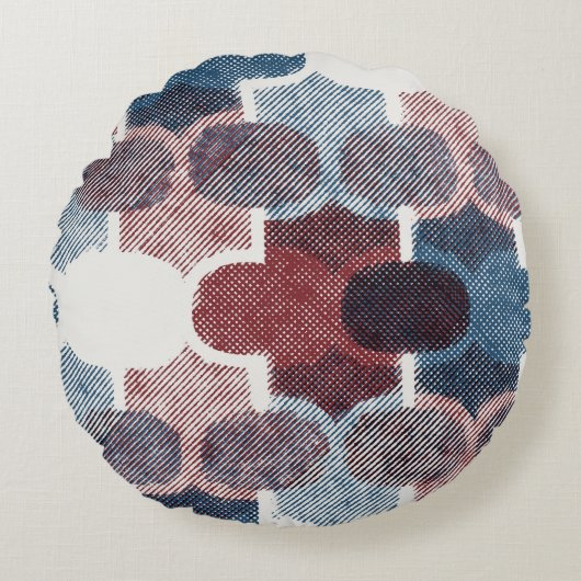 幾何学的抽象芸術赤い青のパターン ラウンドクッション (正面)