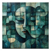 幾何学的抽象芸術顔アート – ティール（緑がかった色）とブルーウォール ポスター (正面)