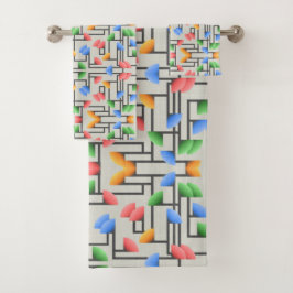 幾何学的抽象芸術、青、金ゴールド、珊瑚、緑 バスタオルセット