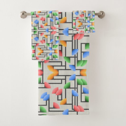 幾何学的抽象芸術、青、金ゴールド、珊瑚、緑 バスタオルセット (インサイチュ)