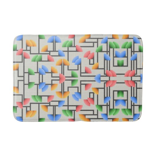 幾何学的抽象芸術、青、金ゴールド、珊瑚、緑 バスマット (正面)