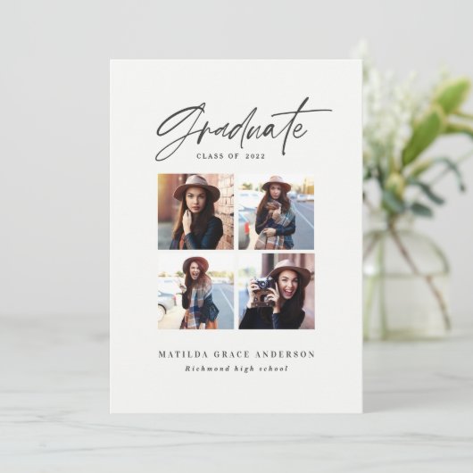 幾何学的数々の写真タイポグラフィ卒業ピンク 案内状 (スタンド正面)