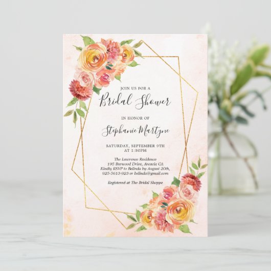 幾何学的秋フローラ水彩ブライダルシャワー 招待状 (スタンド正面)