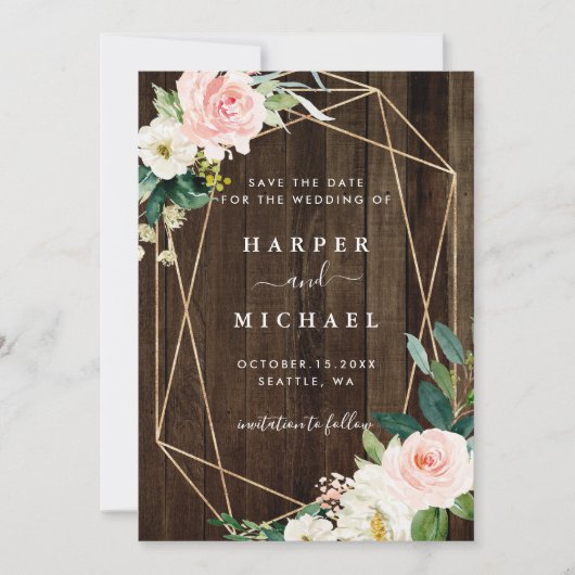 幾何学的素朴フローラ結婚木材の写真 セーブザデート (正面)