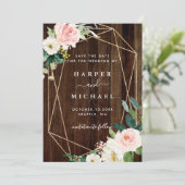 幾何学的素朴フローラ結婚木材の写真 セーブザデート (スタンド正面)