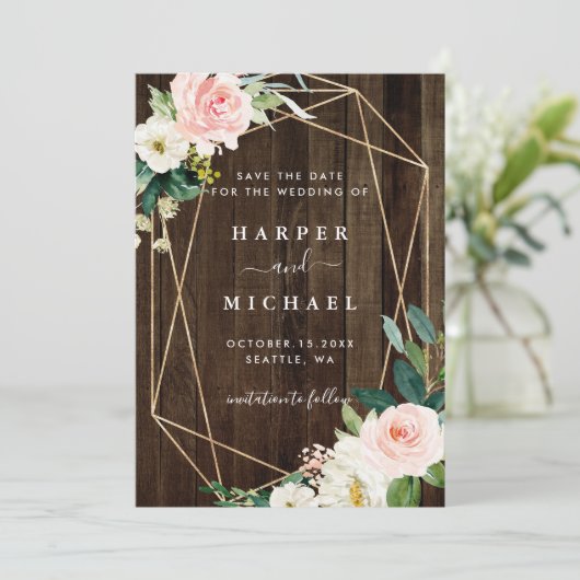 幾何学的素朴フローラ結婚木材の写真 セーブザデート (スタンド正面)