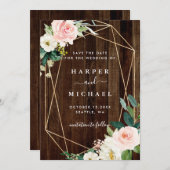 幾何学的素朴フローラ結婚木材の写真 セーブザデート (正面/裏面)