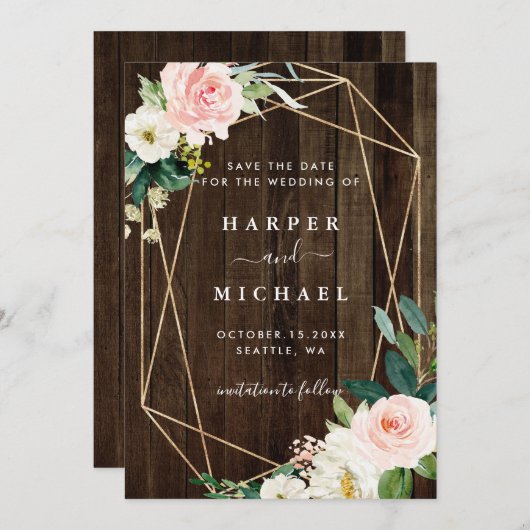 幾何学的素朴フローラ結婚木材の写真 セーブザデート (正面/裏面)