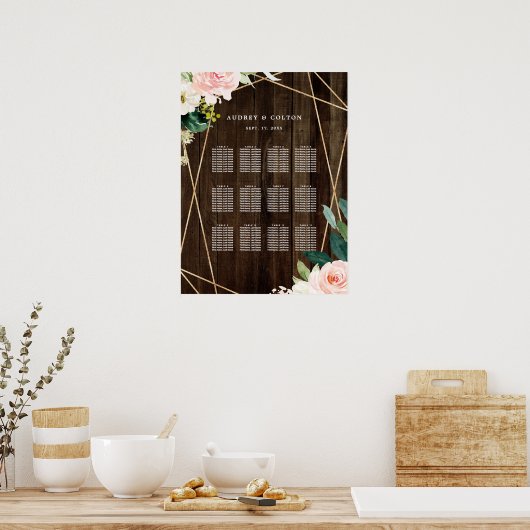 幾何学的素朴フローラ結婚木製座席図 ポスター (キッチン)