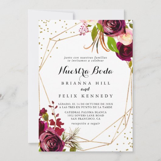 幾何学的素朴ブルゴーニュNuestraボダ結婚ズ 招待状 (正面)