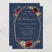 幾何学的素朴ボホワイルドフラワーネイビーブルー結婚ズ 招待状 (正面/裏面)