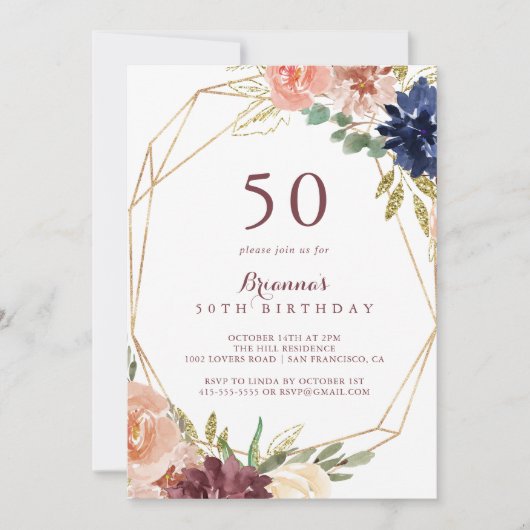 幾何学的素朴金ゴールド50th誕生日パーティー 招待状 (正面)