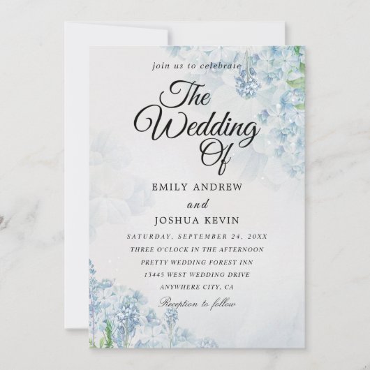 幾何学的結婚フローラの青い花のカード 招待状 (正面)
