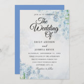 幾何学的結婚フローラの青い花のカード 招待状 (正面/裏面)