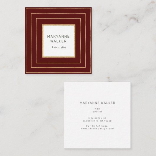 幾何学的縁ど赤サロンヘアスタエレガントイ スクエア名刺 (正面/裏面)