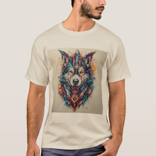 幾何学的要素と鮮やかな色彩の狼 Tシャツ (正面)