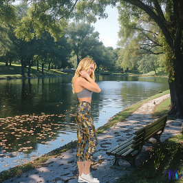 幾何学的調和:抽象芸術ブルーと金ゴールドパターン カプリレギンス