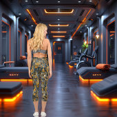 幾何学的調和:抽象芸術ブルーと金ゴールドパターン カプリレギンス