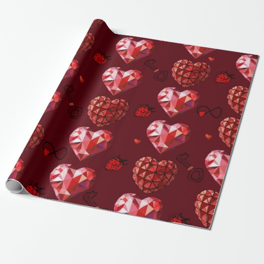 幾何学的赤いハートの折り返し紙 ラッピングペーパー (アンロールド)