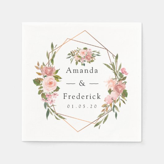 幾何学的赤面およびバラ金ゴールド結婚フローラ スタンダードカクテルナプキン (正面)
