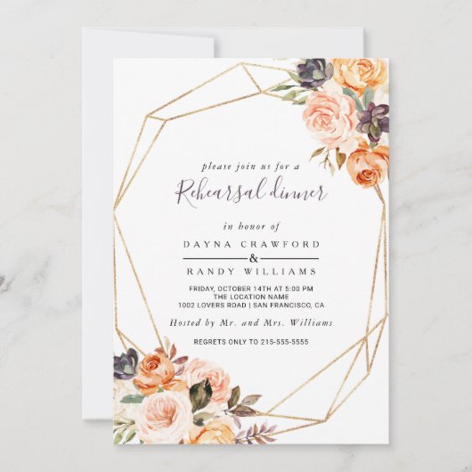 幾何学的赤面パープルフローラリハーサルディナー 招待状 (正面)