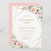 幾何学的赤面ピンクフローラ婚約パーティ 招待状 (正面/裏面)