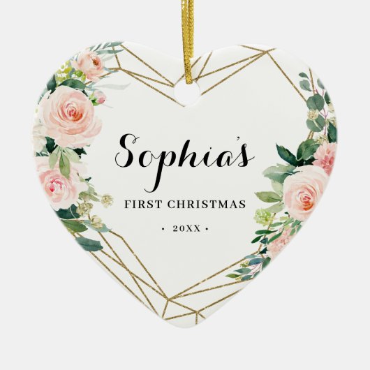 幾何学的赤面フローラベビーの初めてのクリスマス セラミックオーナメント (正面)