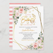 幾何学的赤面金ゴールドフローラバタフライベビーシャワー 招待状 (正面/裏面)