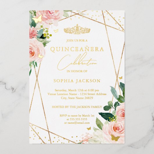 幾何学的赤面金ゴールドフローラ写真キンセアニェラ 箔招待状 (正面)