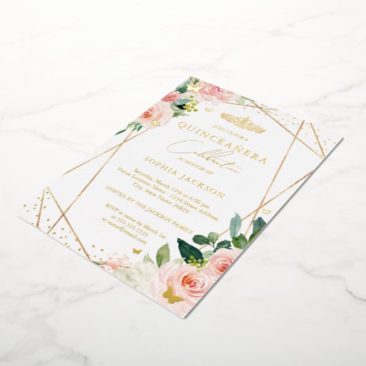 幾何学的赤面金ゴールドフローラ写真キンセアニェラ 箔招待状 (回転した状態)