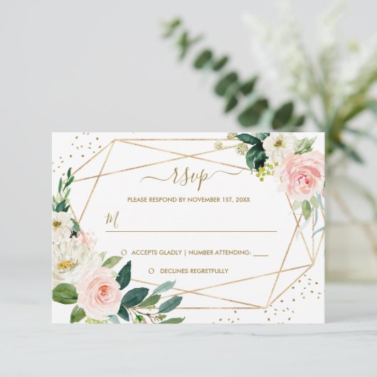 幾何学的赤面金ゴールドフローラ金ゴールドウェディングRSVP 出欠カード (スタンド正面)