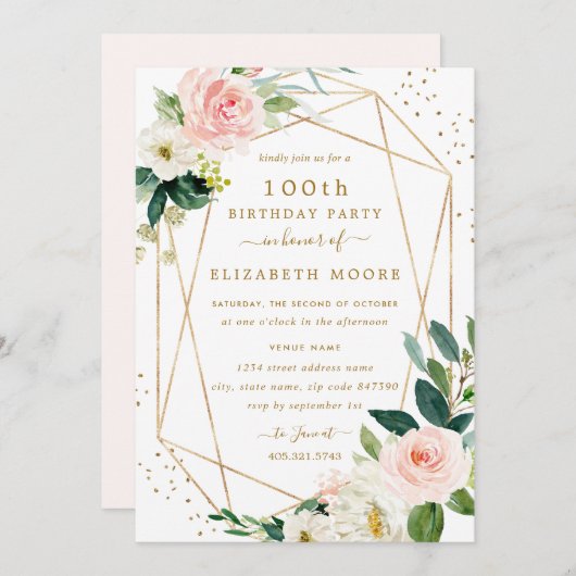 幾何学的赤面金ゴールドフローラ100番目の誕生日招待状 招待状 (正面/裏面)
