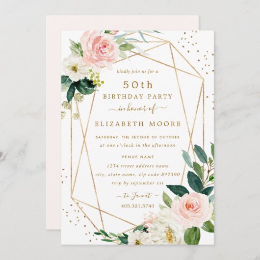 幾何学的赤面金ゴールドフローラ50番目の誕生日招待状 招待状 (正面/裏面)