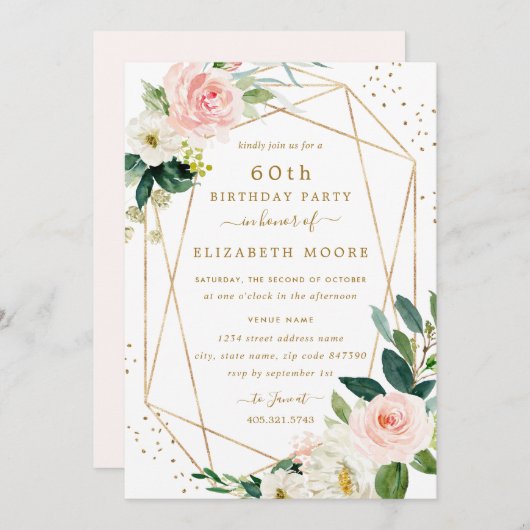 幾何学的赤面金ゴールドフローラ60番目の誕生日招待状 招待状 (正面/裏面)